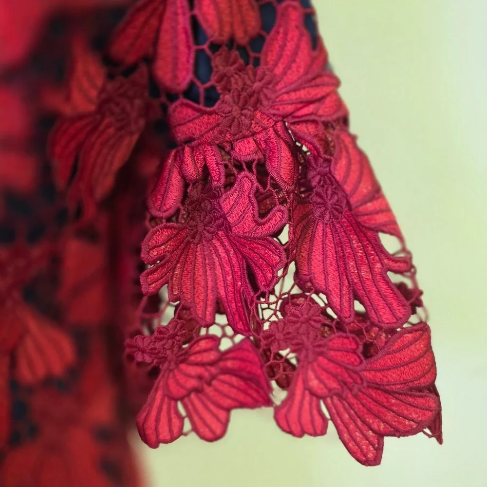 Tory Burch Floral Guipure Lace Shift‎ Dress Red Bell Sleeve Womens 4 Excellent